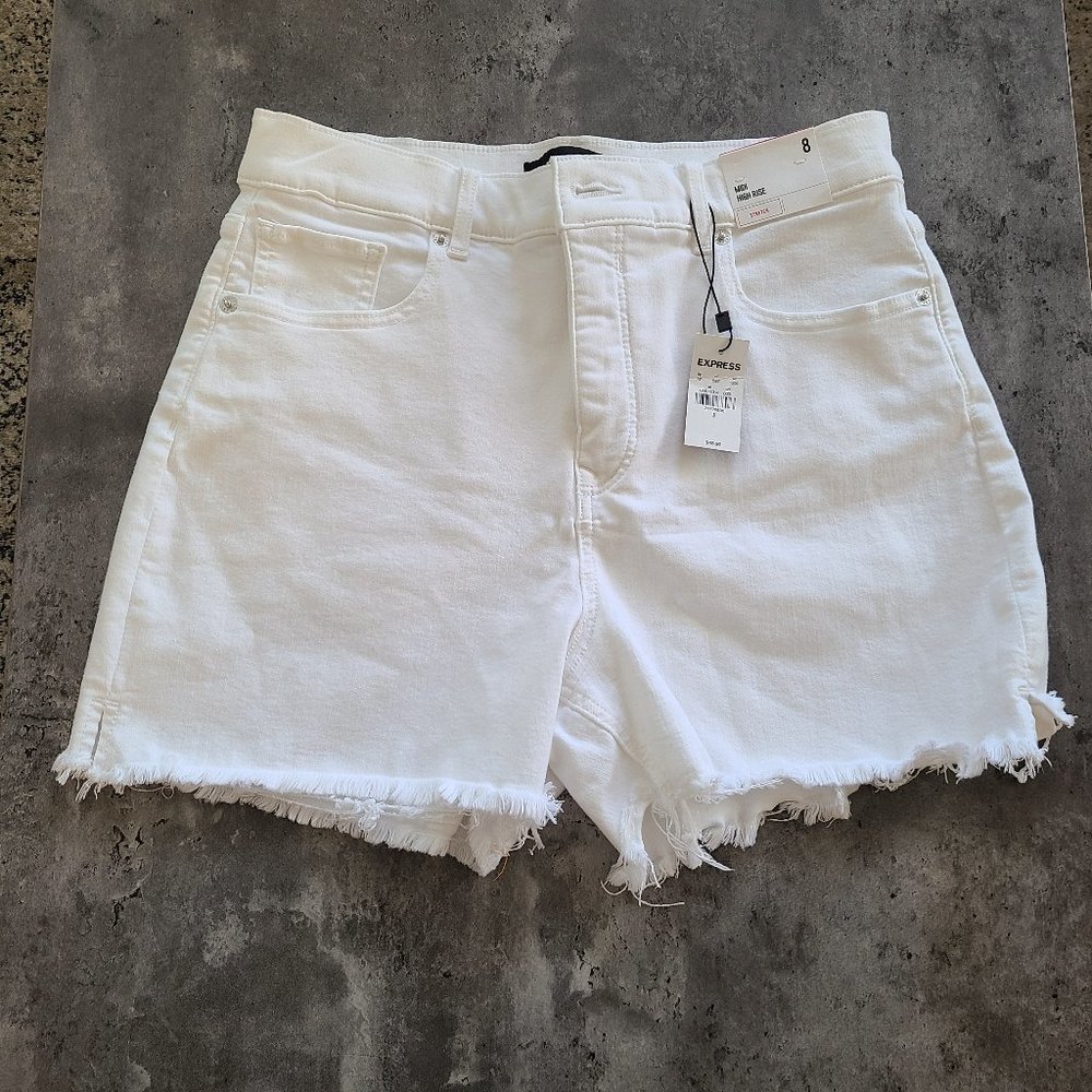 Express midi high rise white denim shorts size 8